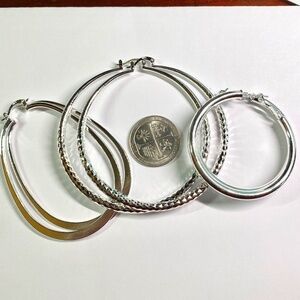 3 pair extra Large hoop earrings 925 silver plated  3” -2”